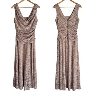 Nightway Sparkly Lace Evening Dress Sz 10 Mauve Maxi Sexy Ruching Party Gala EUC